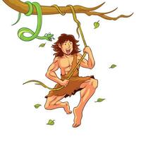 hand drawn tarzan swinging in the forest vector