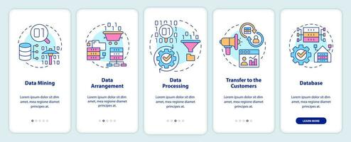 recopilación y procesamiento de datos incorporados en la pantalla de la aplicación móvil. tutorial de tecnología 5 pasos páginas de instrucciones gráficas con conceptos lineales. interfaz de usuario, ux, plantilla de interfaz gráfica de usuario. vector