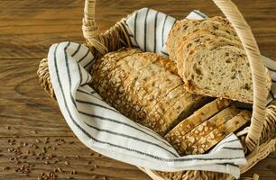 Gluten-free vegan bread with no animal products. Vegetarian bread with oatmeal, banana flavor in a basket on a wooden rustic table, sliced and ready to serve. photo