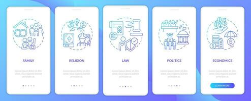 Social institutions list blue gradient onboarding mobile app screen. Walkthrough 5 steps graphic instructions pages with linear concepts. UI, UX, GUI template. vector