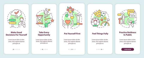 Ways to self love onboarding mobile app screen. Take every opportunity walkthrough 5 steps graphic instructions pages with linear concepts. UI, UX, GUI template. vector