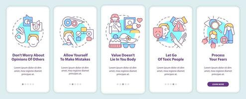 Steps to self love onboarding mobile app screen. Let go of toxic people walkthrough 5 steps graphic instructions pages with linear concepts. UI, UX, GUI template. vector