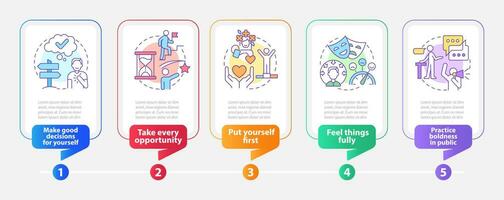 Approaches to self love rectangle infographic template. Data visualization with 5 steps. Process timeline info chart. Workflow layout with line icons. vector