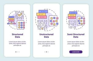 tipos de pantalla de aplicaciones móviles de incorporación de big data. tutorial de estructura de base de datos páginas de instrucciones gráficas de 3 pasos con conceptos lineales. interfaz de usuario, ux, plantilla de interfaz gráfica de usuario. vector