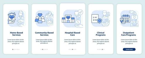 pantalla azul claro de la aplicación móvil de incorporación de servicios de atención médica. tutorial 5 pasos páginas de instrucciones gráficas con conceptos lineales. interfaz de usuario, ux, plantilla de interfaz gráfica de usuario. vector