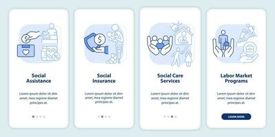 Social protection light blue onboarding mobile app screen. Walkthrough 4 steps graphic instructions pages with linear concepts. UI, UX, GUI template. vector