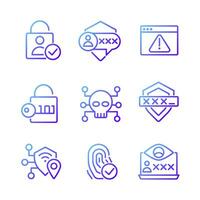 Cybersecurity technologies pixel perfect gradient linear vector icons set. User authentication. Encrypted messages. Thin line contour symbol designs bundle. Isolated outline illustrations collection