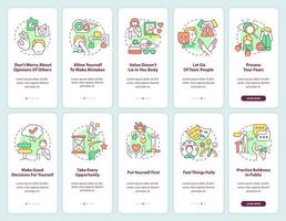 Practicing self-love everyday onboarding mobile app screen set. Walkthrough 5 steps graphic instructions pages with linear concepts. UI, UX, GUI template. vector