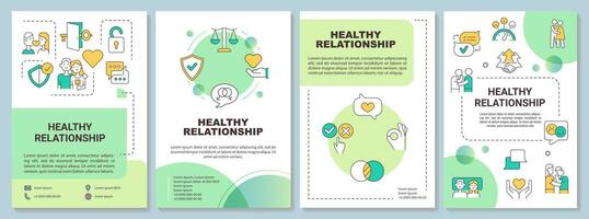 Healthy relationship characteristics green brochure template. Leaflet design with linear icons. 4 vector layouts for presentation, annual reports.