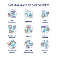 Data mining and big data concept icons set. Database analysis idea thin line color illustrations. Arrangement, processing. Isolated symbols. Editable stroke.