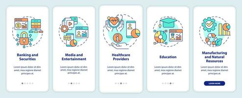 Types of big data applications onboarding mobile app screen. Services walkthrough 5 steps graphic instructions pages with linear concepts. UI, UX, GUI template. vector