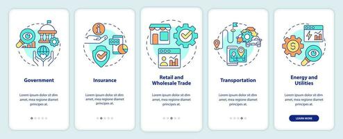 Big data applications types onboarding mobile app screen. Integration walkthrough 5 steps graphic instructions pages with linear concepts. UI, UX, GUI template. vector