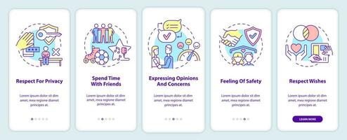 Image of healthy relationships onboarding mobile app screen. Respect walkthrough 5 steps graphic instructions pages with linear concepts. UI, UX, GUI template. vector