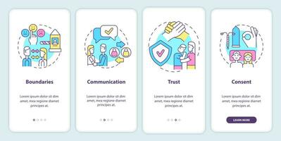 Foundation of healthy relationships onboarding mobile app screen. Walkthrough 4 steps graphic instructions pages with linear concepts. UI, UX, GUI template. vector