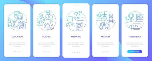 pantalla de aplicación móvil de incorporación de gradiente azul de instituciones sociales públicas. tutorial 5 pasos páginas de instrucciones gráficas con conceptos lineales. interfaz de usuario, ux, plantilla de interfaz gráfica de usuario. vector