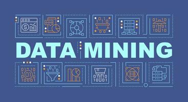 Data mining word concepts dark blue banner. Data extraction advantages. Infographics with icons on color background. Isolated typography. Vector illustration with text.