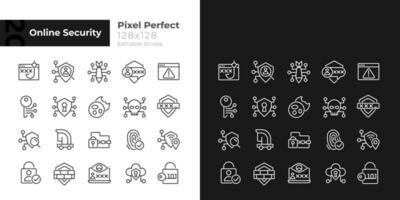 Online security pixel perfect linear icons set for dark, light mode. Thin line symbols for night, day theme. Isolated illustrations. Editable stroke. vector