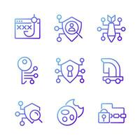 Malware and protection pixel perfect gradient linear vector icons set. Phishing and cyber attack. Access control. Thin line contour symbol designs bundle. Isolated outline illustrations collection