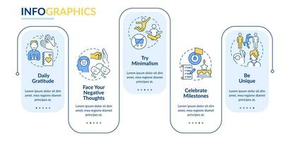 plantilla de infografía de rectángulo de ejercicios de autocompasión. gratitud diaria. visualización de datos con 5 pasos. gráfico de información de la línea de tiempo del proceso. diseño de flujo de trabajo con iconos de línea. vector