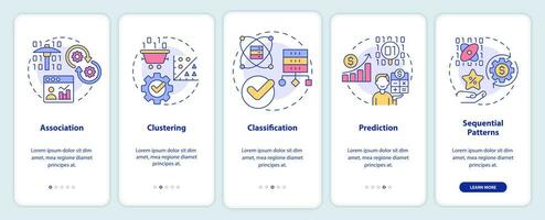 técnicas de minería de datos incorporando la pantalla de la aplicación móvil. tutorial de procesos digitales páginas de instrucciones gráficas de 5 pasos con conceptos lineales. interfaz de usuario, ux, plantilla de interfaz gráfica de usuario. vector