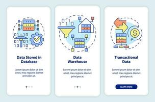 Types of data that can be mined onboarding mobile app screen. IoT walkthrough 3 steps graphic instructions pages with linear concepts. UI, UX, GUI template. vector