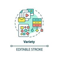 Variety concept icon. Big data characteristic abstract idea thin line illustration. Source and nature of unstructured data. Isolated outline drawing. Editable stroke. vector