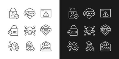 tecnologías de ciberseguridad iconos lineales perfectos de píxeles establecidos para modo oscuro y claro. autenticacion de usuario. mensajes encriptados. símbolos de línea delgada para el tema de la noche y el día. ilustraciones aisladas. trazo editable vector