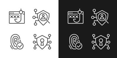 Data security and protection pixel perfect linear icons set for dark, light mode. Biometrics technology. Access control. Thin line symbols for night, day theme. Isolated illustrations. Editable stroke vector