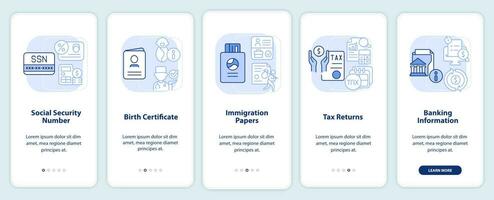 pantalla de aplicación móvil de incorporación de aplicación de programa social azul claro. tutorial 5 pasos páginas de instrucciones gráficas con conceptos lineales. interfaz de usuario, ux, plantilla de interfaz gráfica de usuario. vector