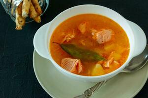 homemade soup with salmon with bread sticks on back concrete background photo