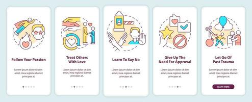 Activities for self love onboarding mobile app screen. Follow passion walkthrough 5 steps graphic instructions pages with linear concepts. UI, UX, GUI template. vector