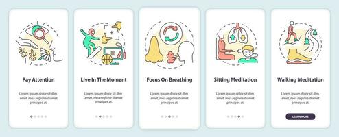 Mindfulness exercises onboarding mobile app screen. Paying attention walkthrough 5 steps graphic instructions pages with linear concepts. UI, UX, GUI template. vector