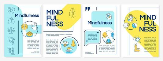 Mindfulness techniques blue and yellow brochure template. Positivity and relax. Leaflet design with linear icons. 4 vector layouts for presentation, annual reports.