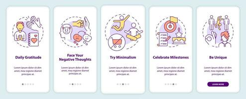 Exercises for self love onboarding mobile app screen. Daily gratitude walkthrough 5 steps graphic instructions pages with linear concepts. UI, UX, GUI template. vector