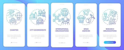 Institutions examples blue gradient onboarding mobile app screen. Walkthrough 5 steps graphic instructions pages with linear concepts. UI, UX, GUI template. vector