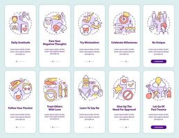Being kind to yourself steps onboarding mobile app screen set. Walkthrough 5 steps graphic instructions pages with linear concepts. UI, UX, GUI template. vector