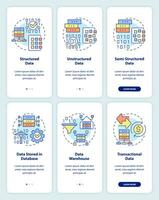 tipos de información digital que incorporan el conjunto de pantallas de aplicaciones móviles. tutorial de minería de datos páginas de instrucciones gráficas de 3 pasos con conceptos lineales. interfaz de usuario, ux, plantilla de interfaz gráfica de usuario. vector