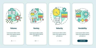 características de la pantalla de la aplicación móvil de incorporación de big data. tutorial de digitalización 4 pasos páginas de instrucciones gráficas con conceptos lineales. interfaz de usuario, ux, plantilla de interfaz gráfica de usuario. vector