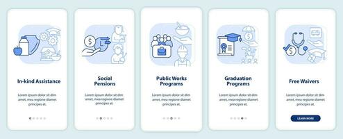 Social assistance examples light blue onboarding mobile app screen. Walkthrough 5 steps graphic instructions pages with linear concepts. UI, UX, GUI template. vector