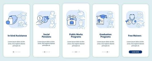 Social assistance examples light blue onboarding mobile app screen. Walkthrough 5 steps graphic instructions pages with linear concepts. UI, UX, GUI template. vector