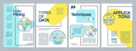 Data mining blue and yellow brochure template. Information extraction. Leaflet design with linear icons. 4 vector layouts for presentation, annual reports.