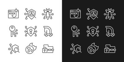 Malware and protection pixel perfect linear icons set for dark, light mode. Phishing and cyber attack. Access control. Thin line symbols for night, day theme. Isolated illustrations. Editable stroke vector