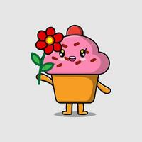 lindo personaje de cupcake de dibujos animados con flor roja vector