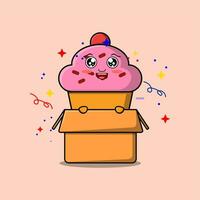 cute cartoon Cupcake character coming out from box vector