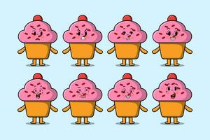 Set kawaii Cupcake cartoon with expressions vector