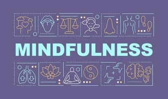 Developing mindfulness word concepts dark purple banner. Breathing techniques. Infographics with icons on color background. Isolated typography. Vector illustration with text.