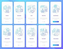 Social institutions blue gradient onboarding mobile app screen set. Walkthrough 5 steps graphic instructions pages with linear concepts. UI, UX, GUI template. vector