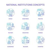 Social institutions blue gradient concept icons set. Norms and values. Social organizations idea thin line color illustrations. Isolated symbols. vector