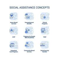 Social assistance light blue concept icons set. Help for needy people. Support programs idea thin line color illustrations. Isolated symbols. Editable stroke. vector