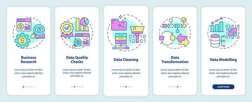 Data mining process onboarding mobile app screen. Machine learning walkthrough 5 steps graphic instructions pages with linear concepts. UI, UX, GUI template. vector